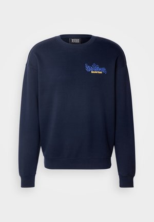 Navy blue cotton sweatshirt featuring ribbed cuffs and hem, with vibrant blue and yellow embroidered text on the chest.