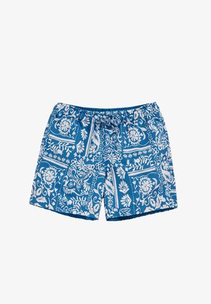 Blaue Badehose mit weißen Blumen- und geometrischen Mustern, elastischem Taillengummi und Kordelzug. Der Stoff wirkt glatt und leicht.