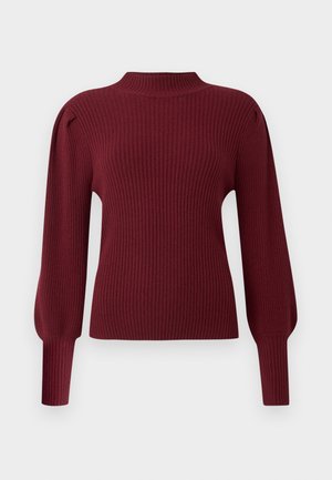 Burgunderfarbener Rippstrickpullover mit hohem Kragen, langen Puffärmeln und schmalen Bündchen. Merkmale sind eine weiche Textur und ein strukturiertes Design.