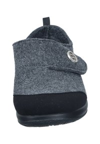 Gray felt slip-on shoe with a rounded toe, black rubber sole, and a side button accent. Features a smooth texture and flexible design.