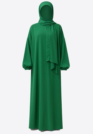 Vestido verde con mangas largas abullonadas y bufanda a juego. Confeccionado en tela suave, de corte holgado y largo hasta los tobillos.