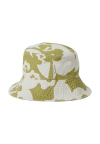 Eine Bucket Hat mit breiter Krempe, die ein grün-weißes Blumenmuster und gestickte Details auf einem weißen Hintergrund zeigt.
