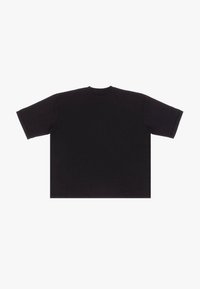 Schwarzes T-Shirt mit kurzen Ärmeln aus weicher Baumwolle. Hat einen runden Ausschnitt und einen lockeren Schnitt. Glatte Textur, keine Grafiken oder Verzierungen.