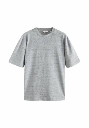 Graues T-Shirt mit kurzen Ärmeln und einem strukturierten, gesprenkelten Muster. Es verfügt über einen Rundhalsausschnitt und eine lockere Passform. Keine sichtbaren Beschläge oder Akzente.