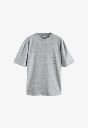 Gray short-sleeve t-shirt with a textured, mottled pattern. Features a round neckline and a relaxed fit. No visible hardware or accents.