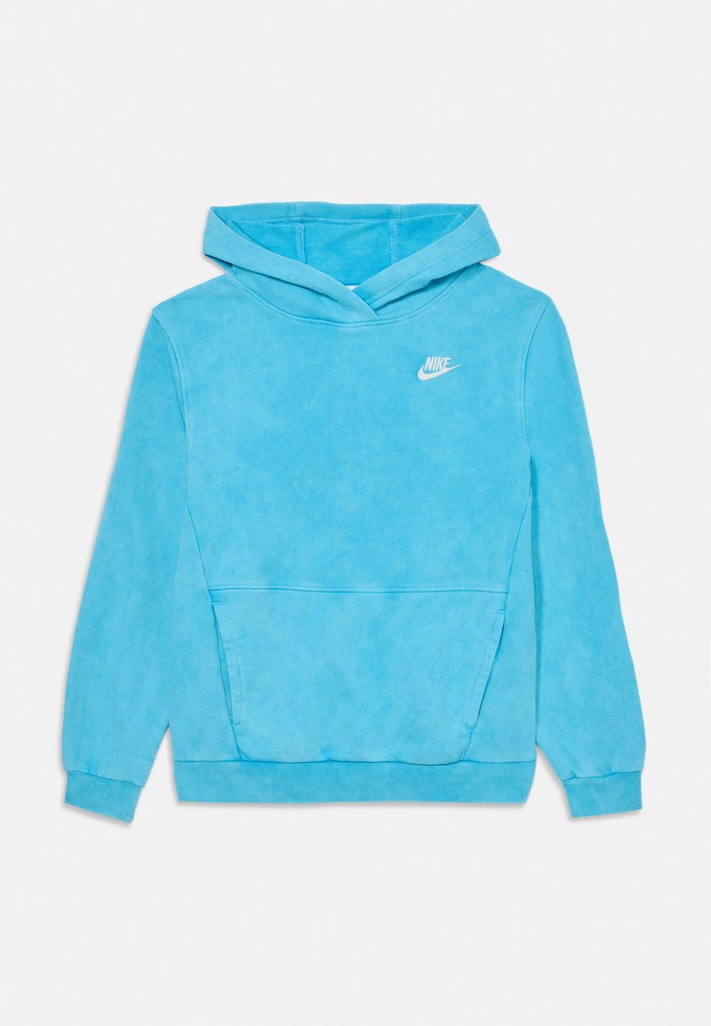 Hoodie azul claro feito de tecido macio, com um bolso frontal, punhos e barra canelados, e um pequeno logótipo branco da Nike no peito.