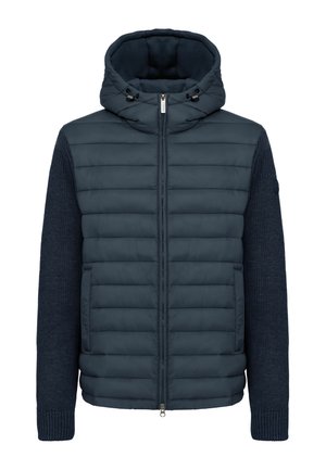 Marineblaue Steppjacke mit Kapuze, gestepptem Vorderteil, gestrickten Ärmeln und Reißverschluss. Sanfte Textur mit kontrastierenden Materialien.