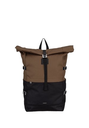 Roll-top backpack in brown and black with front buckle strap and side adjustment buckles, designed for outdoor or urban use.