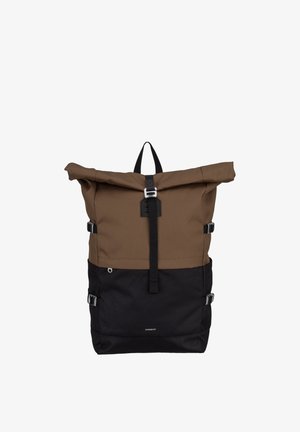 Roll-top backpack in brown and black with front buckle strap and side adjustment buckles, designed for outdoor or urban use.