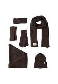 Set di accessori a maglia marrone composto da sciarpa, berretto, guanti, fascia per la testa e un paio di scaldamani, caratterizzato da una texture morbida e un design semplice.