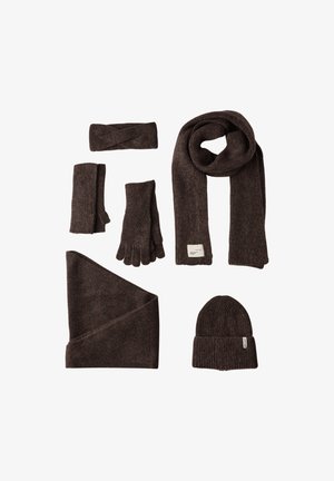 Brown knit accessory set including a scarf, beanie, gloves, headband, and pair of wrist warmers, featuring soft texture and simple design.