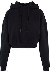 Felpa nera corta con cappuccio regolabile, vestibilità ampia e orlo a coste. Realizzata in tessuto morbido, presenta maniche larghe e una texture liscia.
