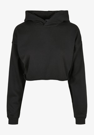 Schwarzer, verkürzter Hoodie aus weichem Stoff mit Kapuze mit Kordelzug, langen Ärmeln und gerippten Bündchen, in einem schlichten, einfachen Design.