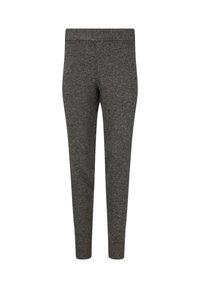 Gray, fitted sweatpants in a soft, textured fabric with a stretchy waistband and ribbed cuffs. Features a small logo accent near the pocket.