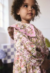 Kvetinové šaty v ružovo-zelenom materiáli majú nariasené rukávy, volánový golier s vlnkovaným okrajom a zložité botanické vzory.