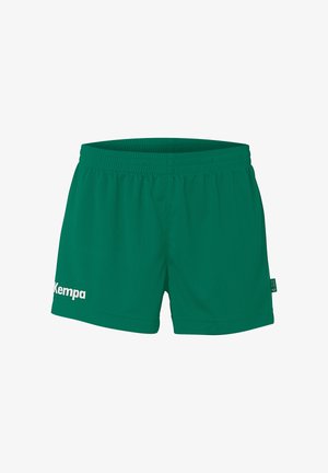 Groene sportshorts gemaakt van lichtgewicht, ademend materiaal. Voorzien van een elastische tailleband en een wit "Kempa"-logo aan de linkerkant.