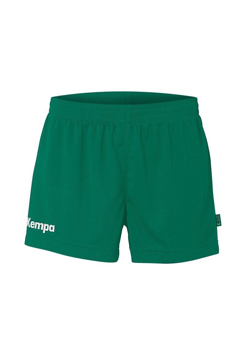 Groene sportshorts gemaakt van lichtgewicht, ademend materiaal. Voorzien van een elastische tailleband en een wit "Kempa"-logo aan de linkerkant.