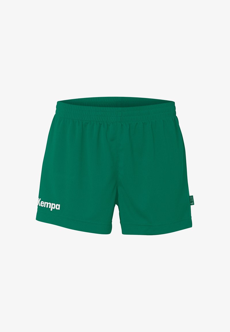Groene sportshorts gemaakt van lichtgewicht, ademend materiaal. Voorzien van een elastische tailleband en een wit "Kempa"-logo aan de linkerkant.