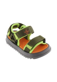 Sandalia verde y negra con doble correa de velcro, plantilla naranja y suela de goma texturizada. Diseñada para la comodidad y la durabilidad.