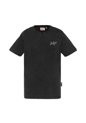 Schwarzes kurzärmeliges Baumwoll-T-Shirt mit links auf der Brust eingesticktem "Schott NYC"-Logo und einem Markenzeichen an der Seitennaht.