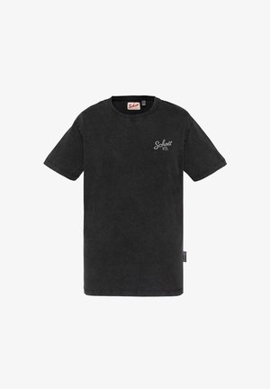 Schwarzes kurzärmeliges Baumwoll-T-Shirt mit links auf der Brust eingesticktem "Schott NYC"-Logo und einem Markenzeichen an der Seitennaht.