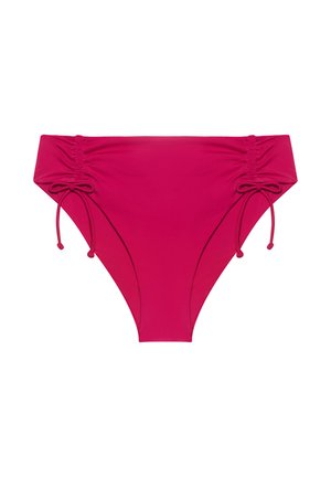 Chiloți de bikini roz intens cu talie înaltă, laterale adunate și șireturi reglabile pe fiecare șold.