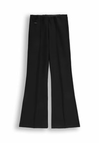 Czarne spódnice w kształcie dzwonu wykonane z elastycznej tkaniny, z szerokim pasem i dwoma pionowymi szwami z przodu, nadającymi dopasowany wygląd.