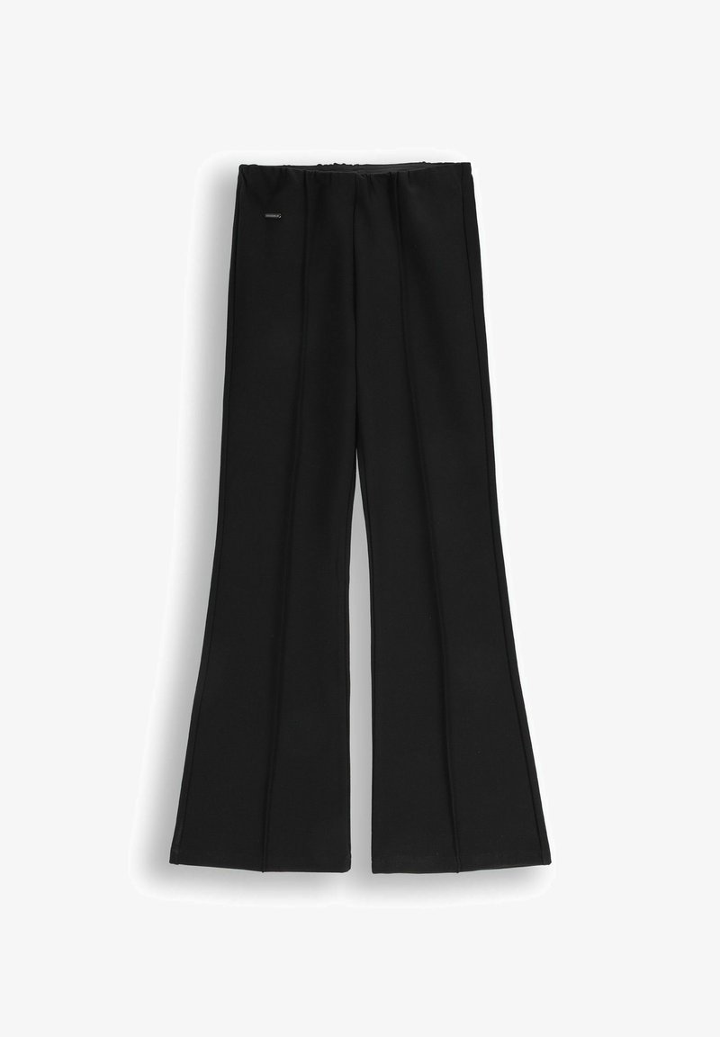 Czarne spódnice w kształcie dzwonu wykonane z elastycznej tkaniny, z szerokim pasem i dwoma pionowymi szwami z przodu, nadającymi dopasowany wygląd.