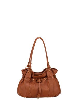 Sac à main en cuir marron avec doubles anses d'épaule, fermeture à cordon et accents en métal doré, présenté sur un fond blanc.