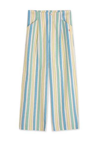 Gestreepte wijde broek in gele, blauwe en groene tinten; met frontzakken, knoopsluiting en lichte stof met verticale lijnen.