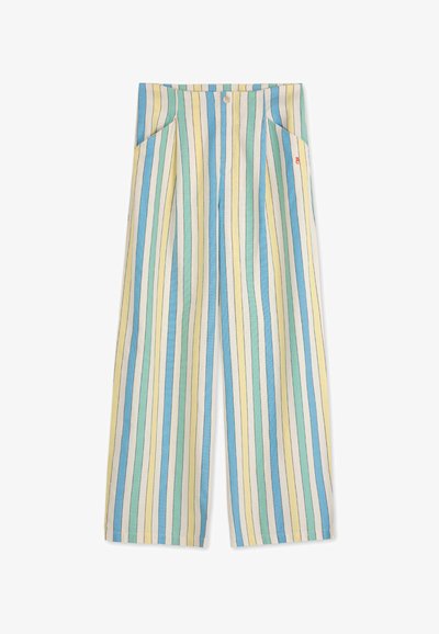 Pantalons larges à rayures dans des teintes jaunes, bleues et vertes ; dotés de poches latérales, d'une fermeture à bouton et d'un tissu léger avec des lignes verticales.
