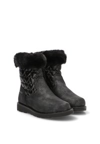 Botas negras de invierno hasta la mitad de la pantorrilla con laterales acolchados y puño de piel suave, suelas planas de goma, diseñadas para brindar calor y comodidad.
