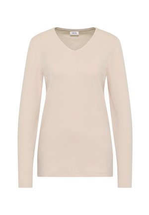Langärmliges V-Ausschnitt-Oberteil in hellbeige, aus weichem Baumwollstoff. Hat ein einfaches Design mit glatter Textur und ohne sichtbare Muster.