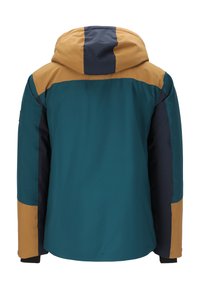 Color-blocked jacket featuring a teal body, navy sleeves, and a tan hood. Made from lightweight material with a smooth texture.