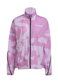 Lätt rosa jacka med geometriskt mönster, hög krage, hel dragkedja framtill och svarta detaljer längs ärmar och sidor.