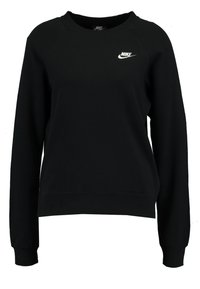 Svart sweatshirt i mjukt material med rund halsringning, raglanärmar och en liten vit Nike-logga på bröstet.