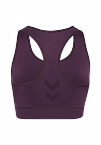 Fioletowy sportowy stanik wykonany z gładkiej, elastycznej tkaniny. Posiada fason racerback oraz teksturowany wzór w jodełkę na plecach.