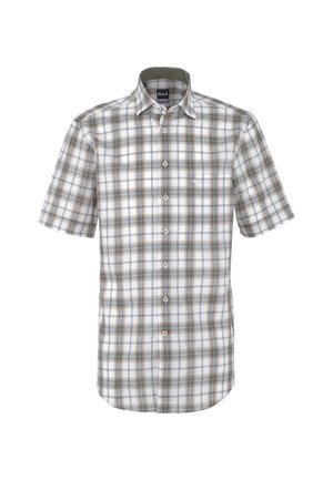 Kurzärmeliges Hemd mit Knopfleiste, weißem, grauem und braunem Karomuster und spitzem Kragen.