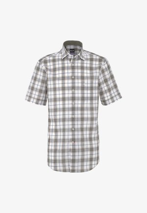 Camicia a maniche corte con bottoni, motivo a quadri in bianco, grigio e marrone, e colletto a punta.