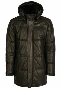 Dunkelgrüne Lederjacke mit gestepptem Design, isolierter Kapuze und Druckknopfverschluss. Zwei Seitentaschen und glatte Textur.