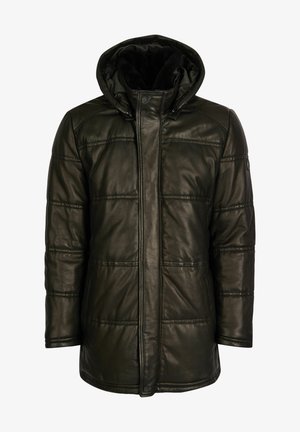 Tmavozelená kožená bunda s prešívaným dizajnom, izolačnou kapucňou a patentným uzatváraním. Dve bočné vrecká a hladká textura.