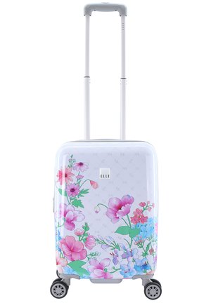 Hard-shell suitcase with a white background, featuring a floral pattern of pink, blue, and green accents. Includes a retractable handle and wheels.