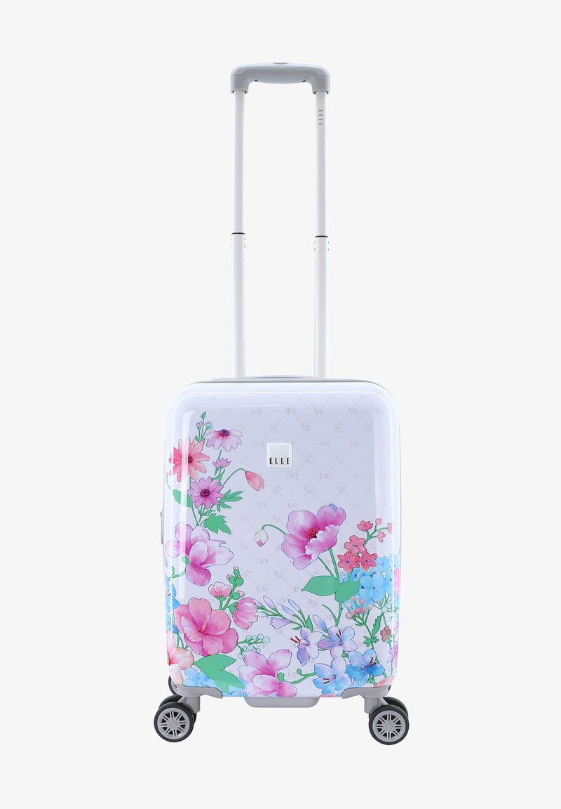 Hard-shell suitcase with a white background, featuring a floral pattern of pink, blue, and green accents. Includes a retractable handle and wheels.