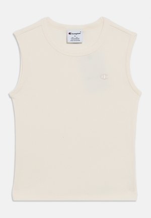 Cremefarbenes, geripptes Tanktop mit rundem Halsausschnitt und ohne Ärmel. Mit einem kleinen weißen, gestickten Logo auf der Brust.