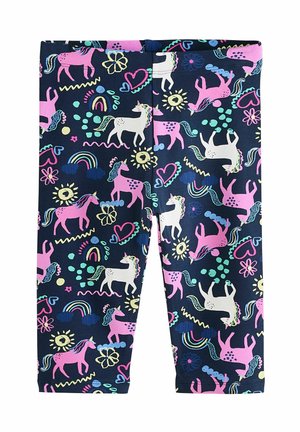 Leggings de culoare bleumarin cu un model jucăuș de unicorni roz și albi, curcubee, inimi și flori în culori vii, confecționate dintr-un material moale.