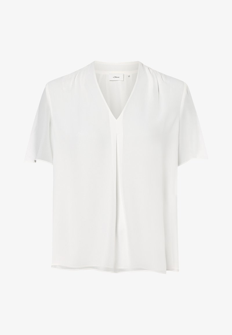 Biała bluzka z krótkim rękawem i dekoltem w kształcie litery V, wykonana z lekkiego materiału. Posiada detal w postaci zakładki z przodu dla dodatkowej struktury.