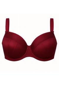 Mélyvörös párnázott melltartó állítható pántokkal, apró díszes masnik az pántokon és a középső elülső részen, valamint ívelt varrások a kosarakon.