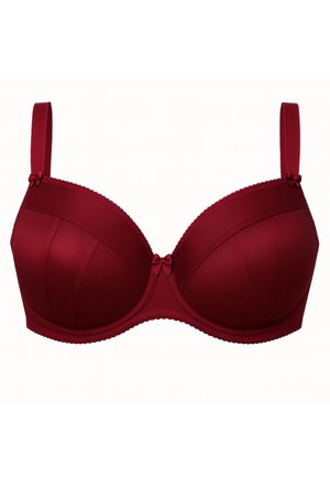 Mélyvörös párnázott melltartó állítható pántokkal, apró díszes masnik az pántokon és a középső elülső részen, valamint ívelt varrások a kosarakon.