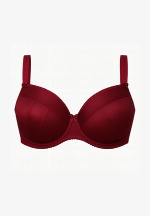 Dieprode gewatteerde beha met verstelbare bandjes, kleine decoratieve strikjes bij de bandjes en het middenvoor, en gebogen naaddetails op de cups.