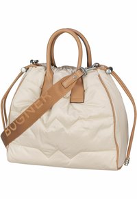 Beige gesteppte Stoffhandtasche mit braunen Lederelementen, doppelte Obergriffe und einem abnehmbaren Schultergurt mit "BOGNER"-Logo.